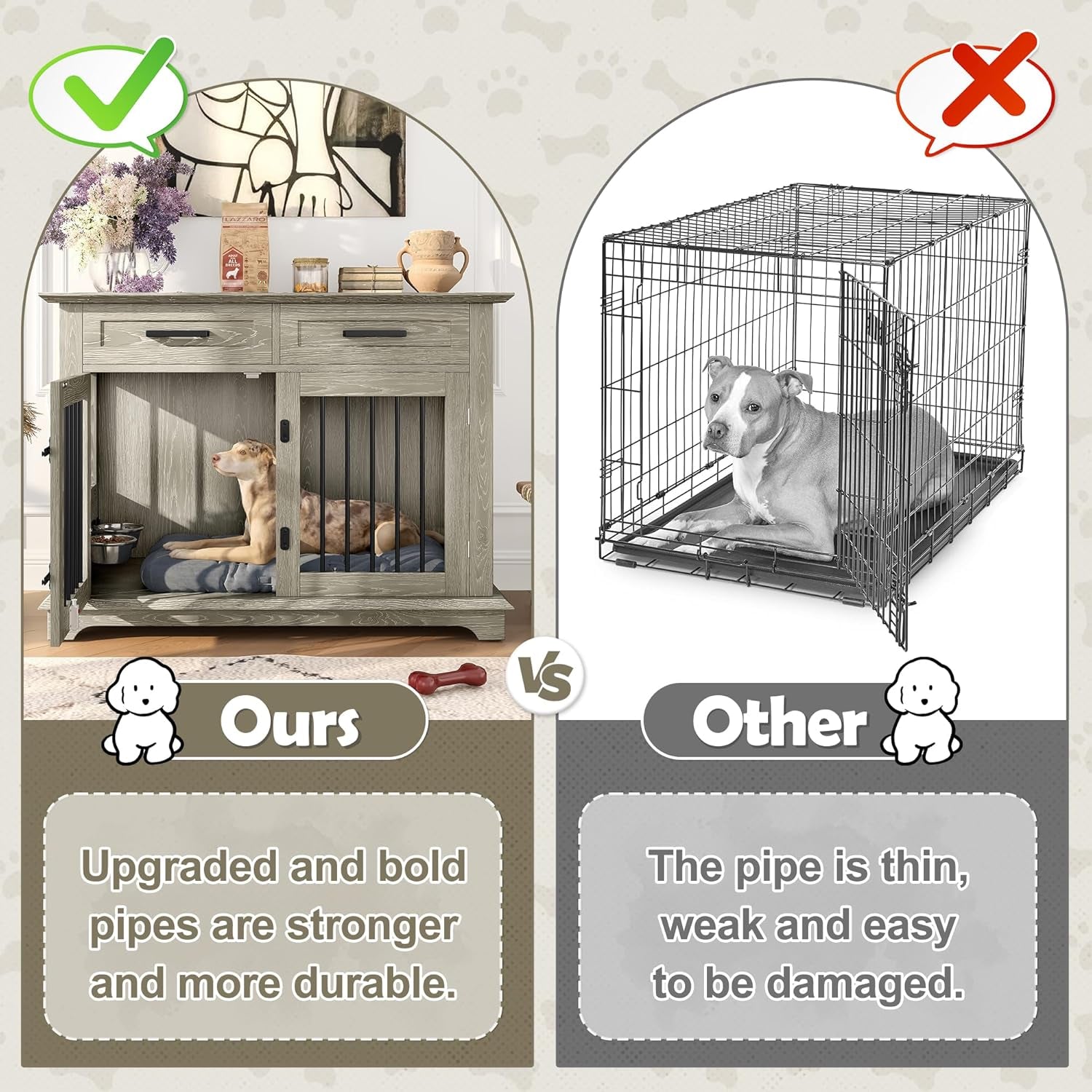 44.48" Large Dog Crate, 3-In-1 Wooden Dogs Crate End Table TV Stand Furniture with 2 Storage Drawers and Rotating Bowls, Decorative Pet House Dog Crates for Small/Medium Dogs, Gray