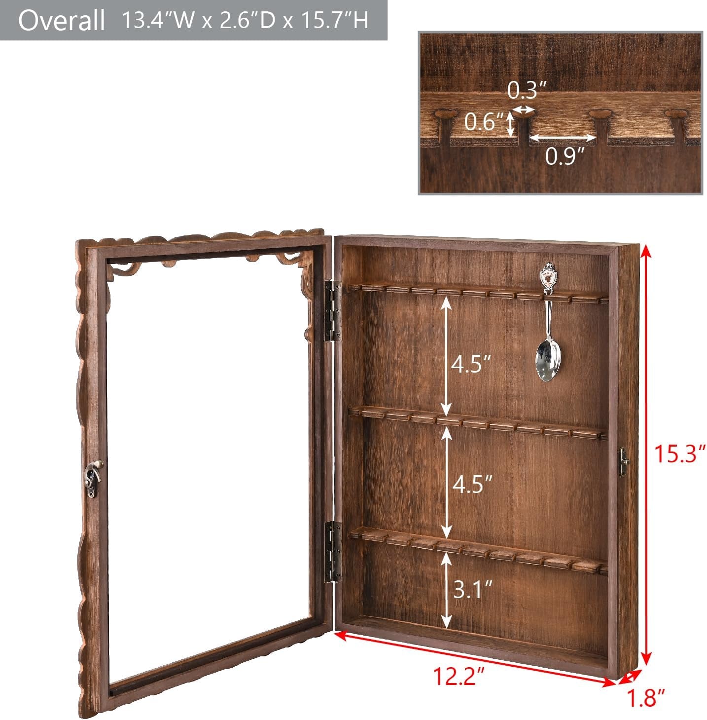Wooden 30-Souvenir Spoon Display Case Cabinet, Wall-Mounted Tea Spoon Rack with Tempered Glass Suitable for Collection Display, 13.4W X 2.6D X 15.7H In