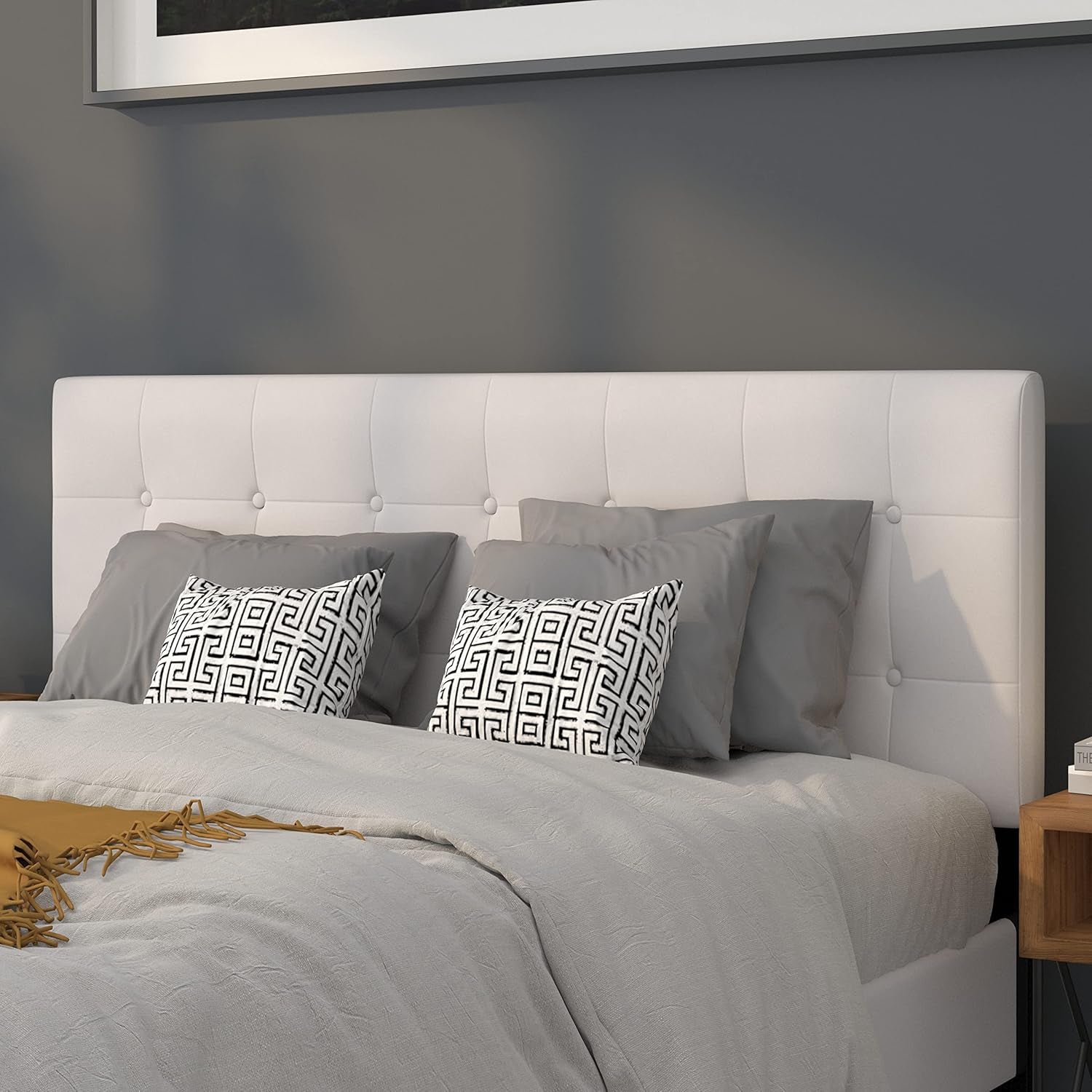Lennox Tufted Upholstered Queen Size Headboard in White Vinyl
