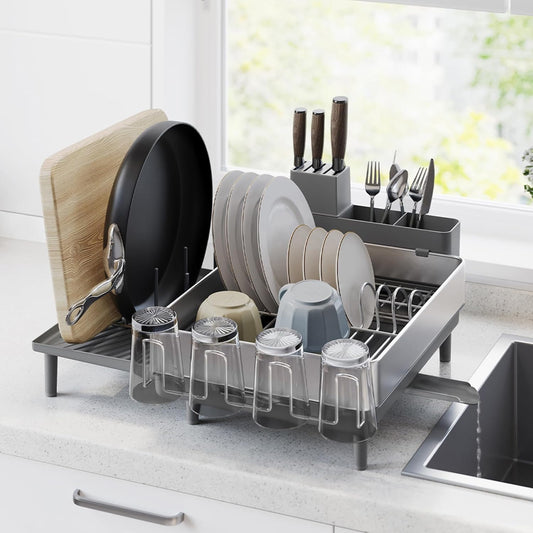 Large Dish Drying Rack, Expandable Dish Dryer for Kitchen Counter, Stainless Steel Dish Rack with Rotatable Spout, Utensil, Cup, Glass, Cutting Board, Pan Holders, Silver and Gray UKCS037G01