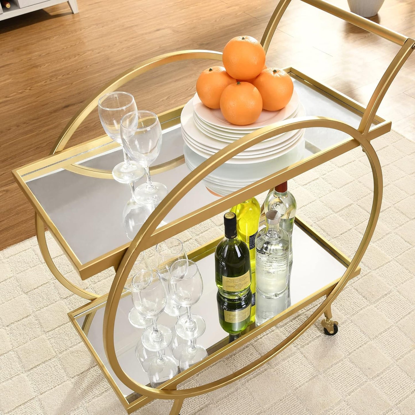& Co. Gold Odessa Bar Cart, 2 Tier Mobile Mini Bar, Kitchen Serving Cart and Coffee Station with Storage for Liquor, Metal and Mirror, Modern, 28 Inches