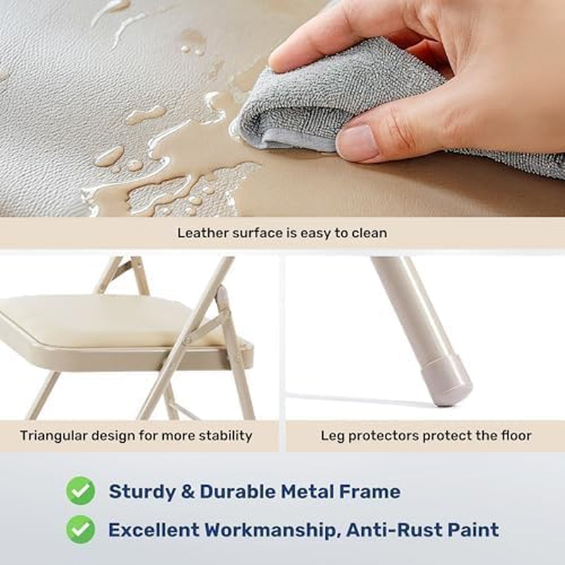 Folding Chairs 4 Pack with Vinyl-Padded Cushion and Back, Sturdy Metal Steel Foldable Chair, Portable Stackable Commercial Guest Seat for Indoor/Outdoor Events, Home, Office Use, Khaki