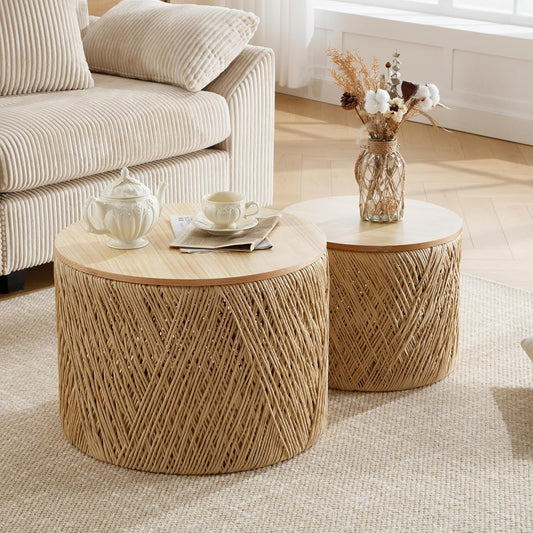 24" round Wood Nesting Coffee Table Set of 2 Handcraft Woven & Rope Rattan Sofa Tables Both with Storage Drum End Side Table for Small Space Living Room No Assembly Needed, Natural Color