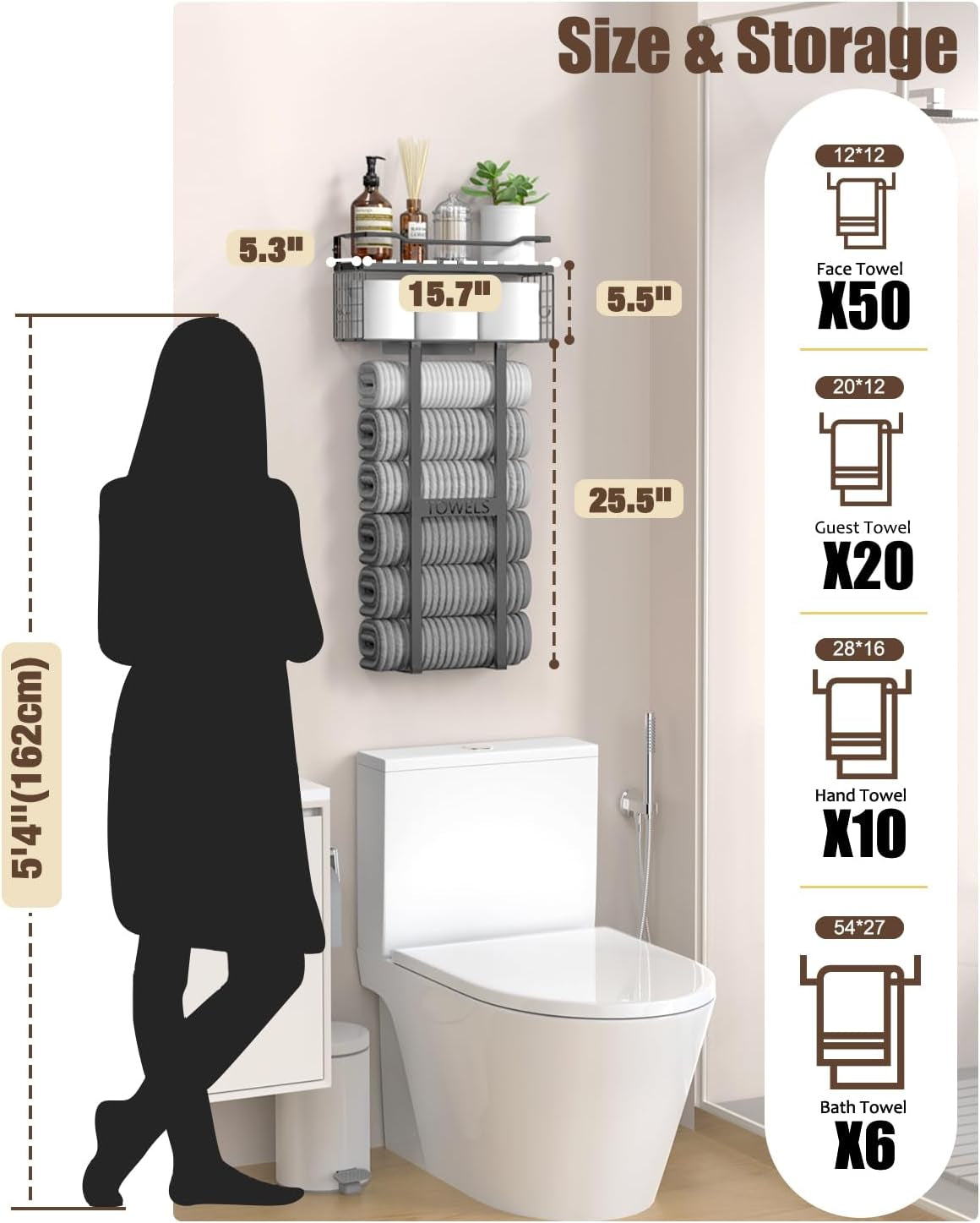 Towel Racks for Bathroom 31Inch Wall Mounted Towel Rack,Floating Shelf with Wood Plank,Towel Storage for Bathroom Can Holds 6 Large Rolled Towels,All Black