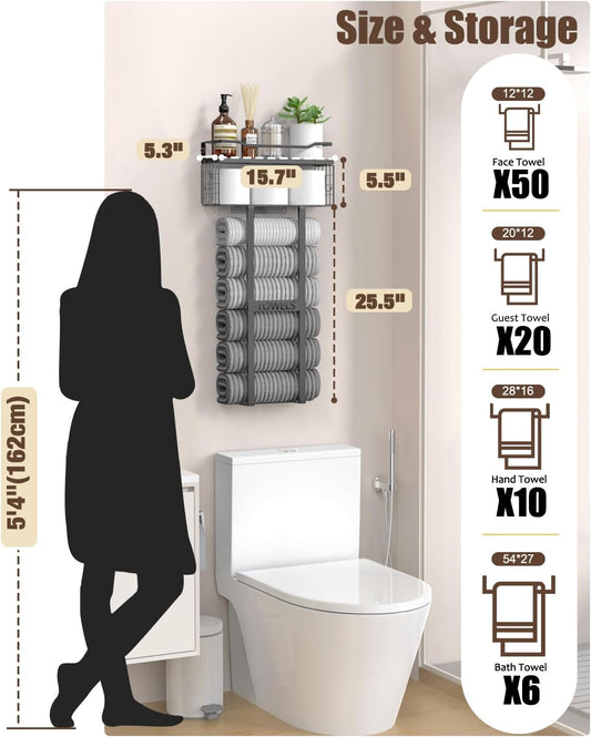 Towel Racks for Bathroom 31Inch Wall Mounted Towel Rack,Floating Shelf with Wood Plank,Towel Storage for Bathroom Can Holds 6 Large Rolled Towels,All Black