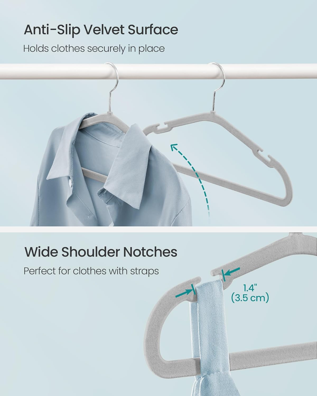 Kids Hangers 50 Pack, 14 X 8 Inches, Non-Slip Velvet Baby Hangers for Closet, Space-Saving, Wide Shoulder Notches, Dove Gray UCRF038G01