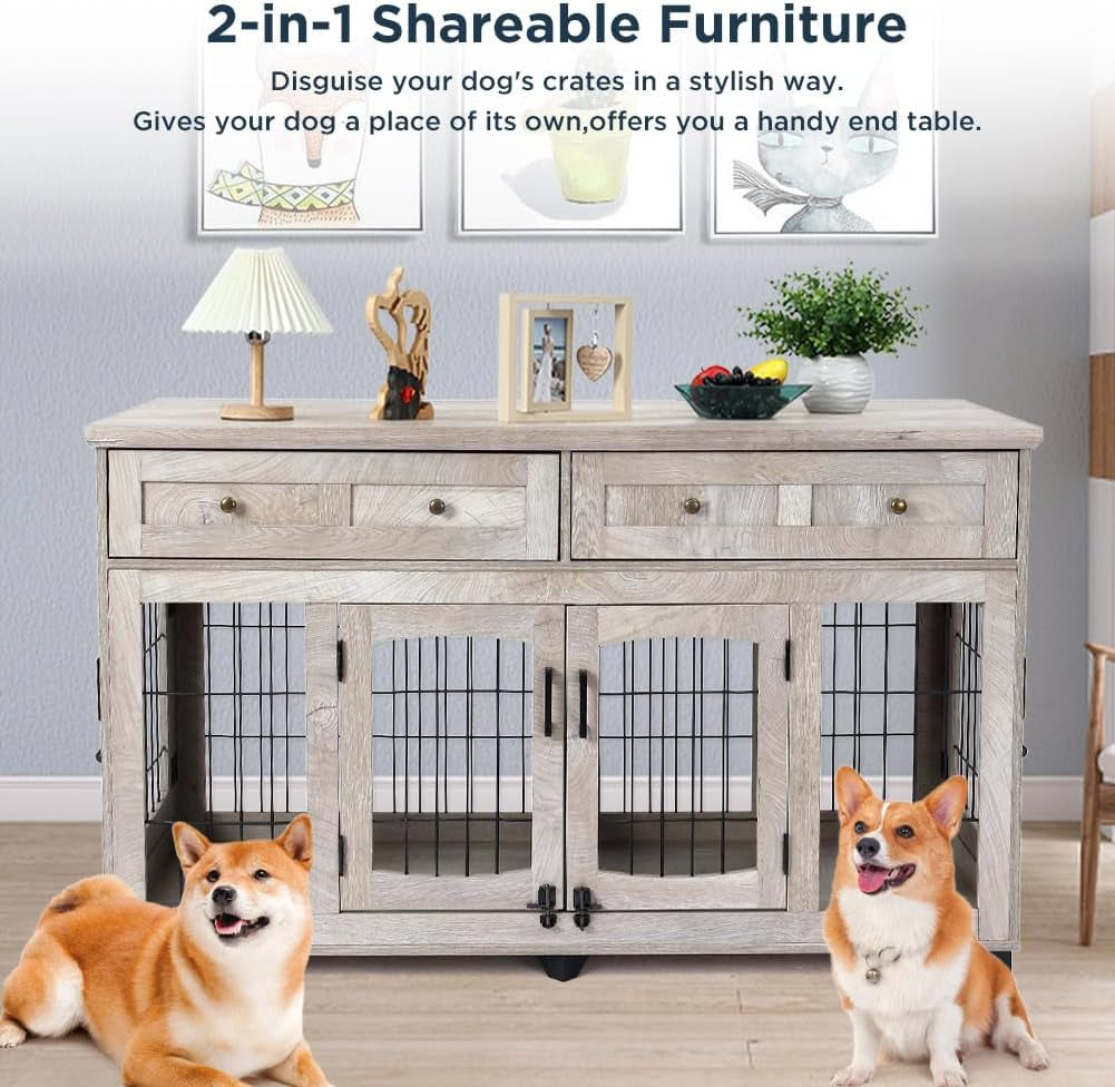 2 Rooms Dog Crate Furniture with Openable Partition,58" Wooden Dog Crate Table with 2 Drawers,5-Doors Dog Furniture,Indoor Dog Kennel,Dog House,Dog Cage,Tv Stand (Grey)