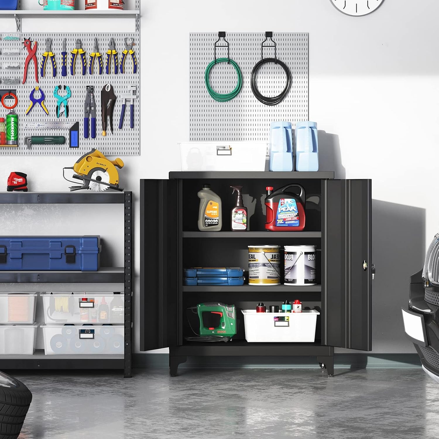 Garage Cabinet, Metal Storage Cabinet with Doors and Shelves, for Home Office, Garage and Utility Room, Black UOMC013B01