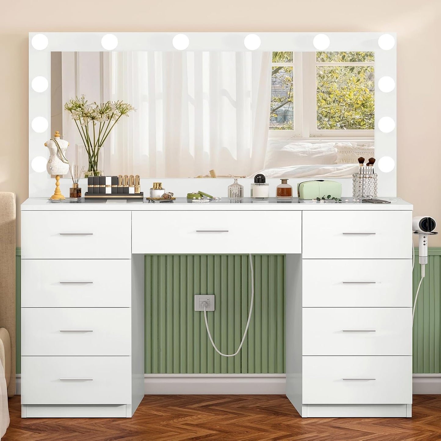 46" Vanity Desk with Glass Top & Lights Mirror, 3 Adjustable Lighting Color, Makeup Vanity with 9 Drawers and 12 LED Lights, Dressing Table for Bedroom, Vanity for Girls, White