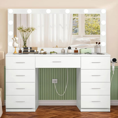 46" Vanity Desk with Glass Top & Lights Mirror, 3 Adjustable Lighting Color, Makeup Vanity with 9 Drawers and 12 LED Lights, Dressing Table for Bedroom, Vanity for Girls, White