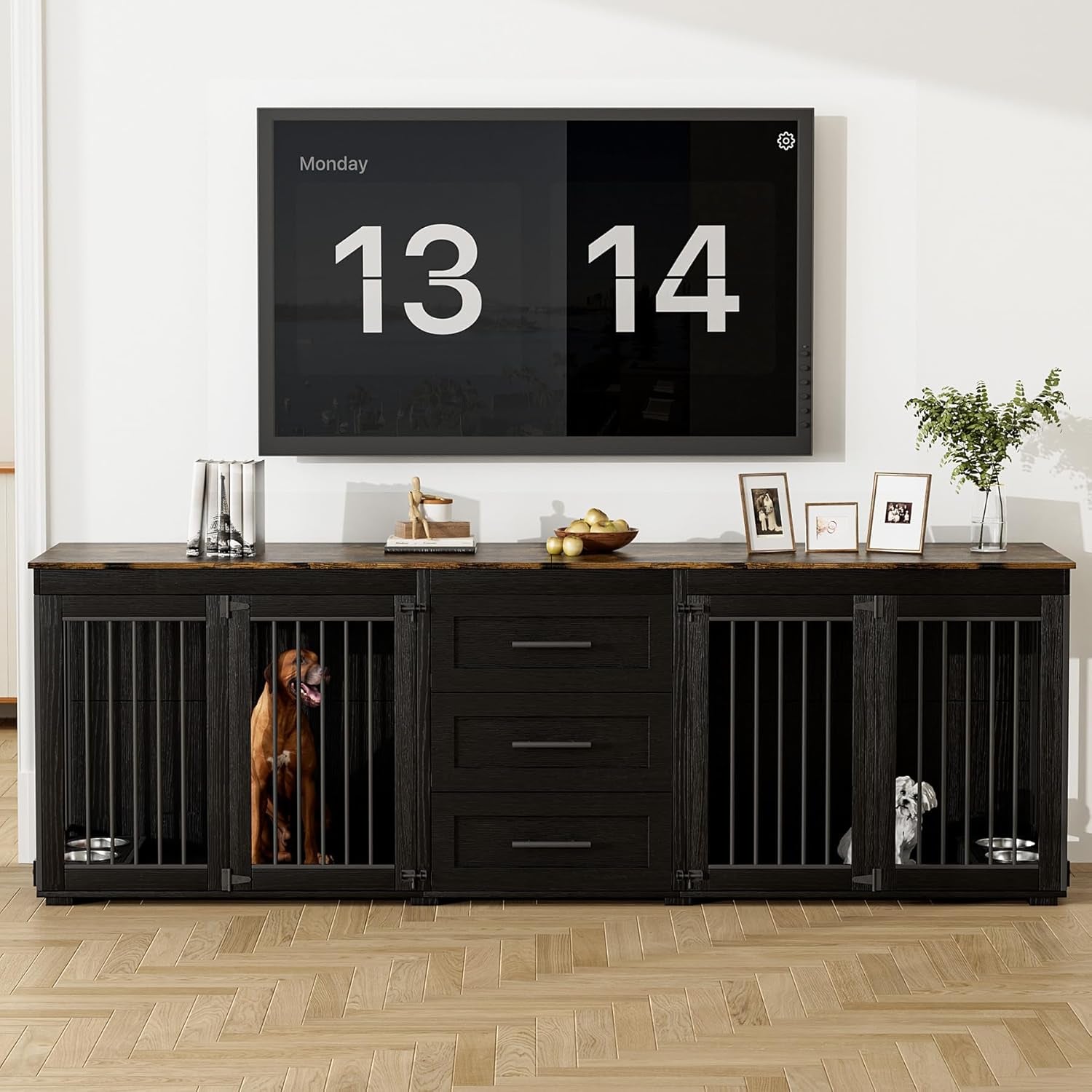 94.5" Large Dog Crate Furniture for 2 Dogs, Double Wooden Dog Kennel Furniture with 4 Dog Bowls & 3 Drawers, Heavy Duty Indoor Furniture Style Dog Cage TV Stand/Table/House, Black