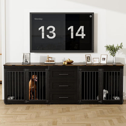 94.5" Large Dog Crate Furniture for 2 Dogs, Double Wooden Dog Kennel Furniture with 4 Dog Bowls & 3 Drawers, Heavy Duty Indoor Furniture Style Dog Cage TV Stand/Table/House, Black
