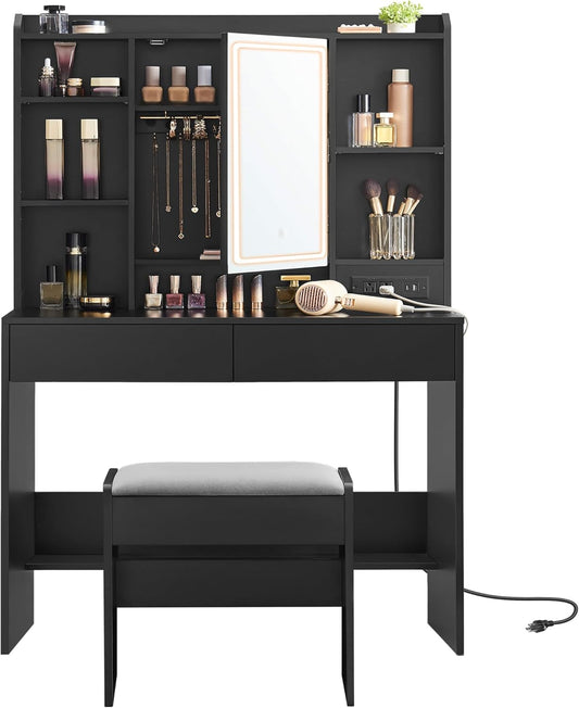 Vanity Desk with Power Outlets, Makeup Vanity with Mirror and Lights, Upholstered Vanity Stool, Dimmable LED Lights, 6 Compartments, 2 Drawers, for Bedroom, Ink Black URDT031B01
