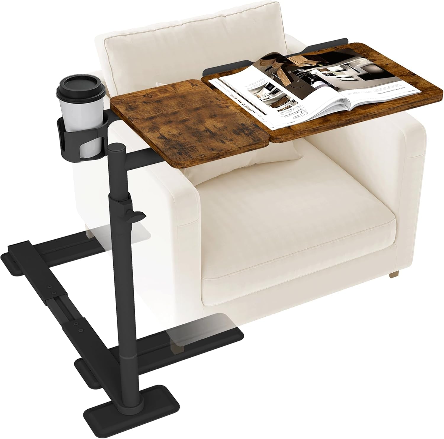 Height Adjustable Overcouch Armrest Table Tray – Tilting Top Swivel Table for Recliner, Sofa, Laptop, Slide under Side Table for Eating, Reading, Snacking, Recovery Use (Rustic Brown)