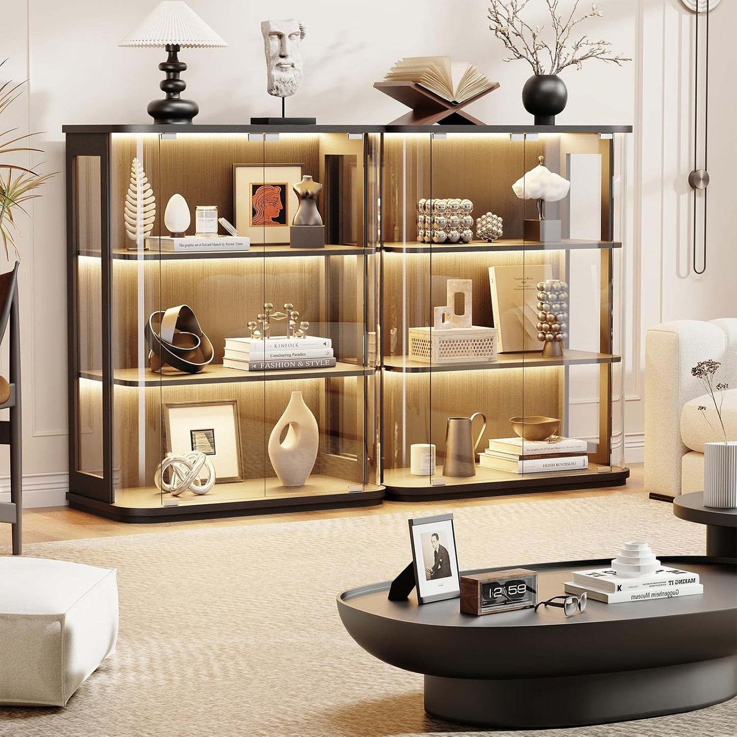 Rounded Display Cabinet with Glass Door, 3-Tier Curio Cabinet with 3 Color Lights for Collectibles, Glass Display Case with Transparent Full-Display Surface, Human Body Sensor, Black