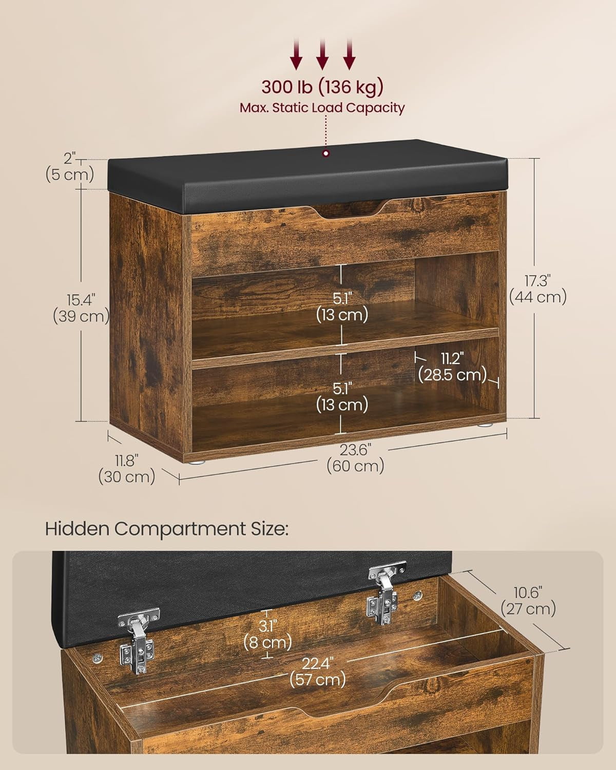 Shoe Bench with Cushion, Storage Bench with Padded Seat, Entryway Bench with 3 Storage Compartments, 11.8 X 23.6 X 17.3 Inches, for Bedroom, Living Room, Rustic Brown ULHS020K03