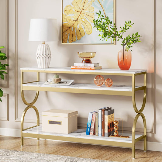 3-Tier Console Table, 55 Inch Sofa Table with Open Storage Shelves, Narrow Long Hallway/Entryway Table with Faux Marble Top for Home Living Room Entryway, White & Gold