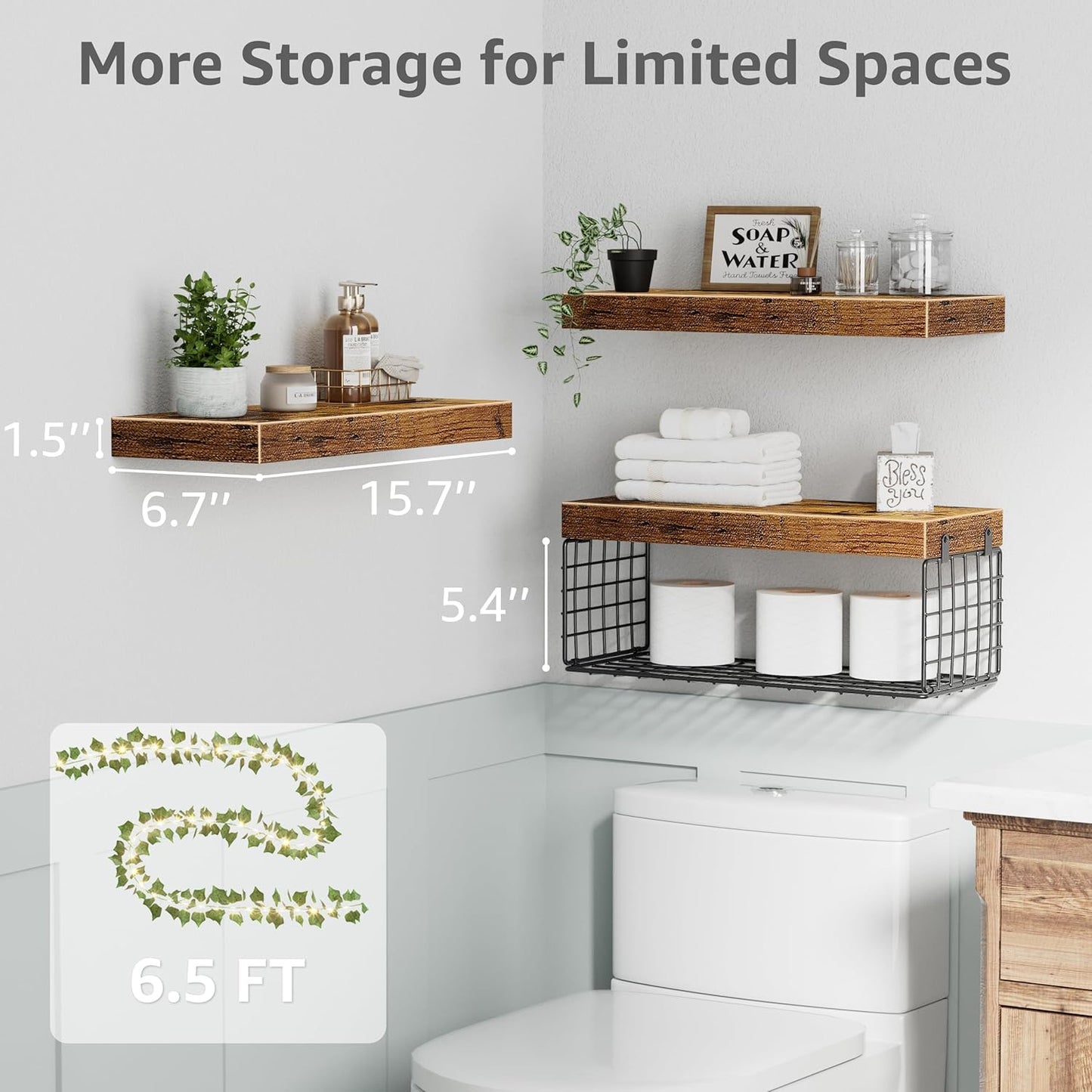 Bathroom Floating Shelves for Wall - Shelf over Toilet Paper Storage with Led Lights and Leaves Farmhouse Decor Small 16 Inch Set of 3, Brown (L019BN3)