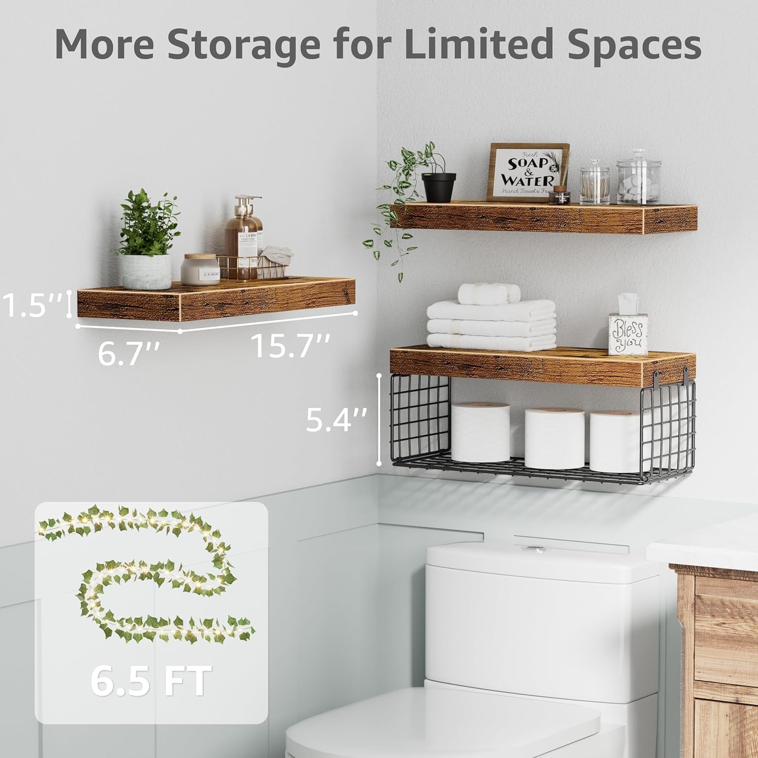 Bathroom Floating Shelves for Wall - Shelf over Toilet Paper Storage with Led Lights and Leaves Farmhouse Decor Small 16 Inch Set of 3, Brown (L019BN3)