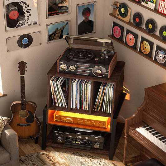Record Player Stand with Vinyl Storage Cabinet, 22" Record Player Table up to 200 Albums, Large Wood Turntable Stand with Record Album Holder with Charging Station & LED Light, Espresso
