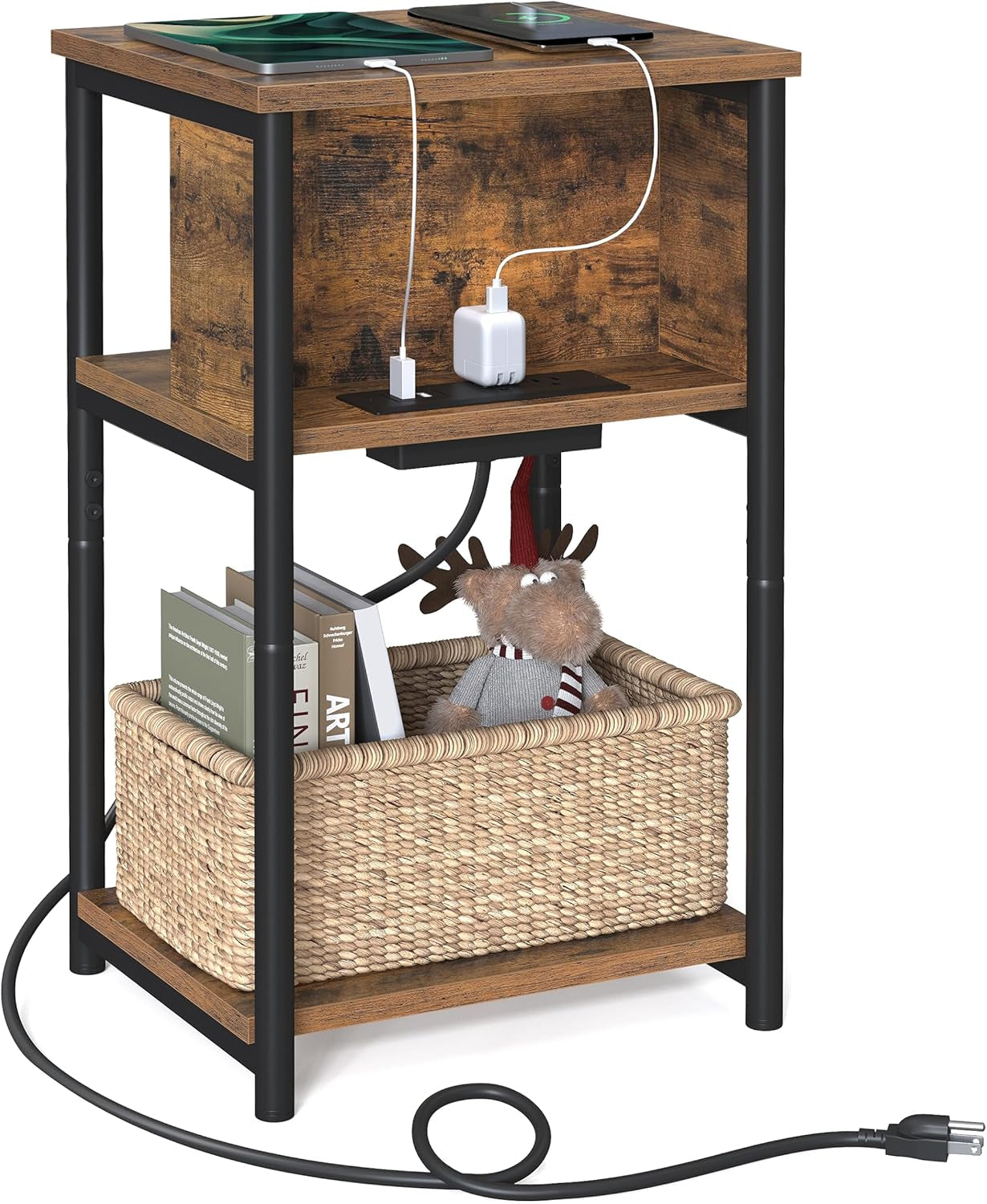 Side Table with Charging Station, 3-Tier End Table with USB Ports and Outlets, Nightstand for Living Room, Bedroom, 11.8 X 13.4 X 22.8 Inches, Plug-In Series, Cream White