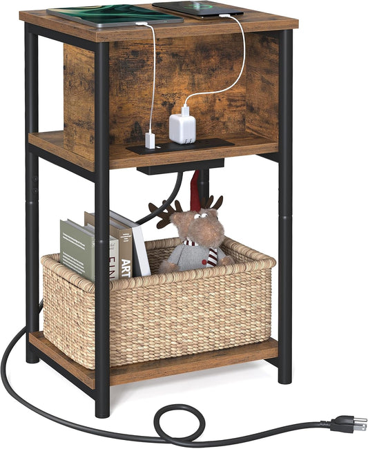 Side Table with Charging Station, 3-Tier End Table with USB Ports and Outlets, Nightstand for Living Room, Bedroom, 11.8 X 13.4 X 22.8 Inches, Plug-In Series, Rustic Brown and Black