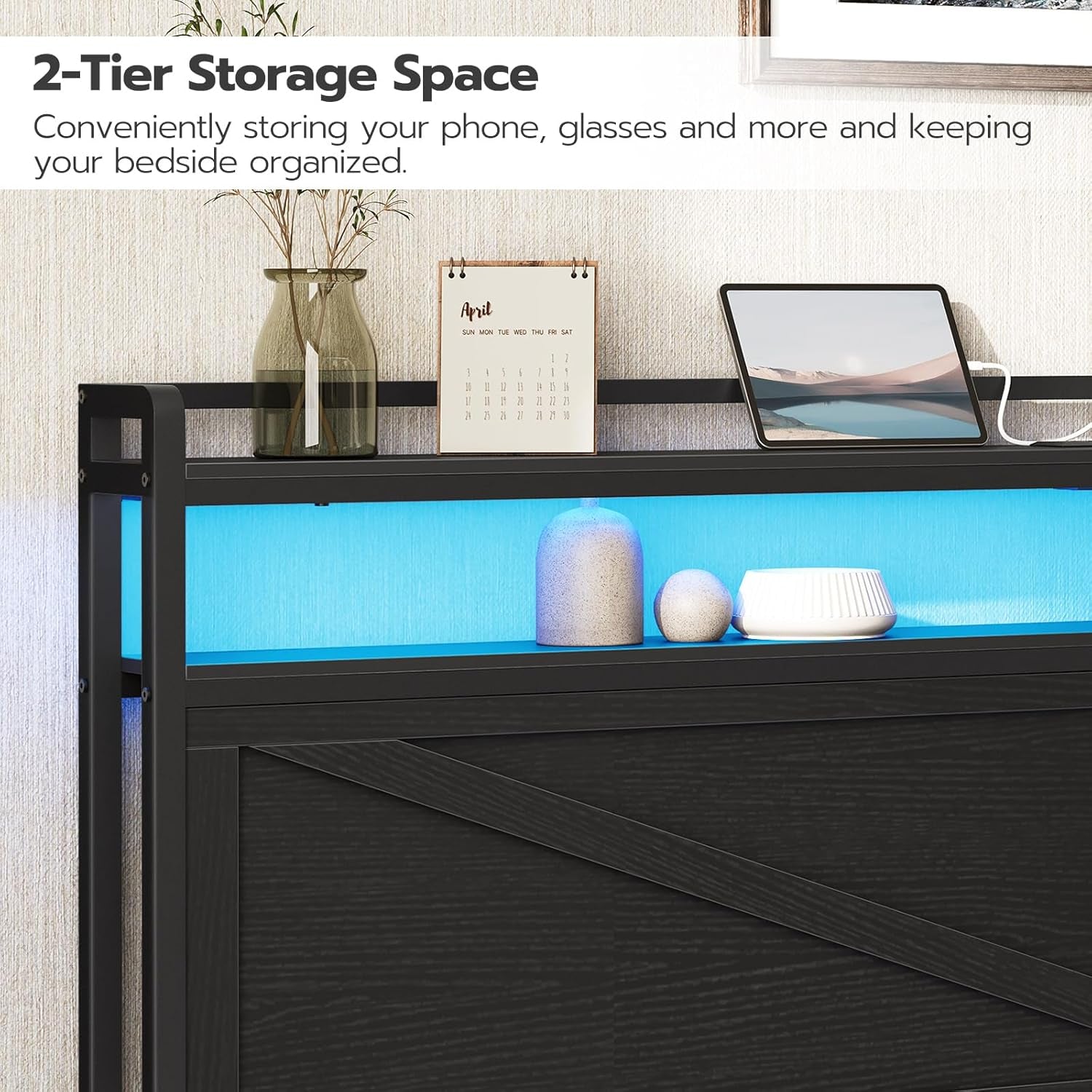 King Size Headboard, Headboard with Charging Station and LED Light Strip, 2-Tier Storage Head Board with Outlets and USB Ports, Industrial Style, for King Size Beds, Black