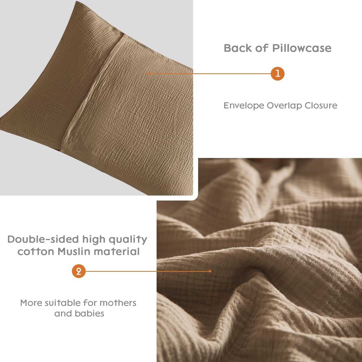 Muslin Pillowcases King Size 100% Cotton, 2 Pack Linen like Pillow Shams with Envelope Closure, Ultral Soft and Breathable Pillow Case Covers, Light Brown, 20" X 36", No Filling