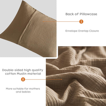 Muslin Pillowcases King Size 100% Cotton, 2 Pack Linen like Pillow Shams with Envelope Closure, Ultral Soft and Breathable Pillow Case Covers, Light Brown, 20" X 36", No Filling