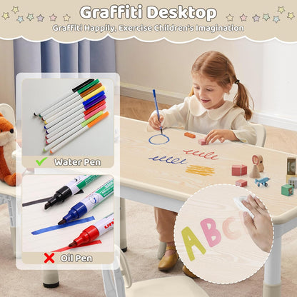 Height-Adjustable Kids Table and 4 Chairs Set, Toddler Table and Chair Set with Graffiti Desktop, 31.5''L X 23.6''W Children Activity Table for Daycare, Classroom, Home