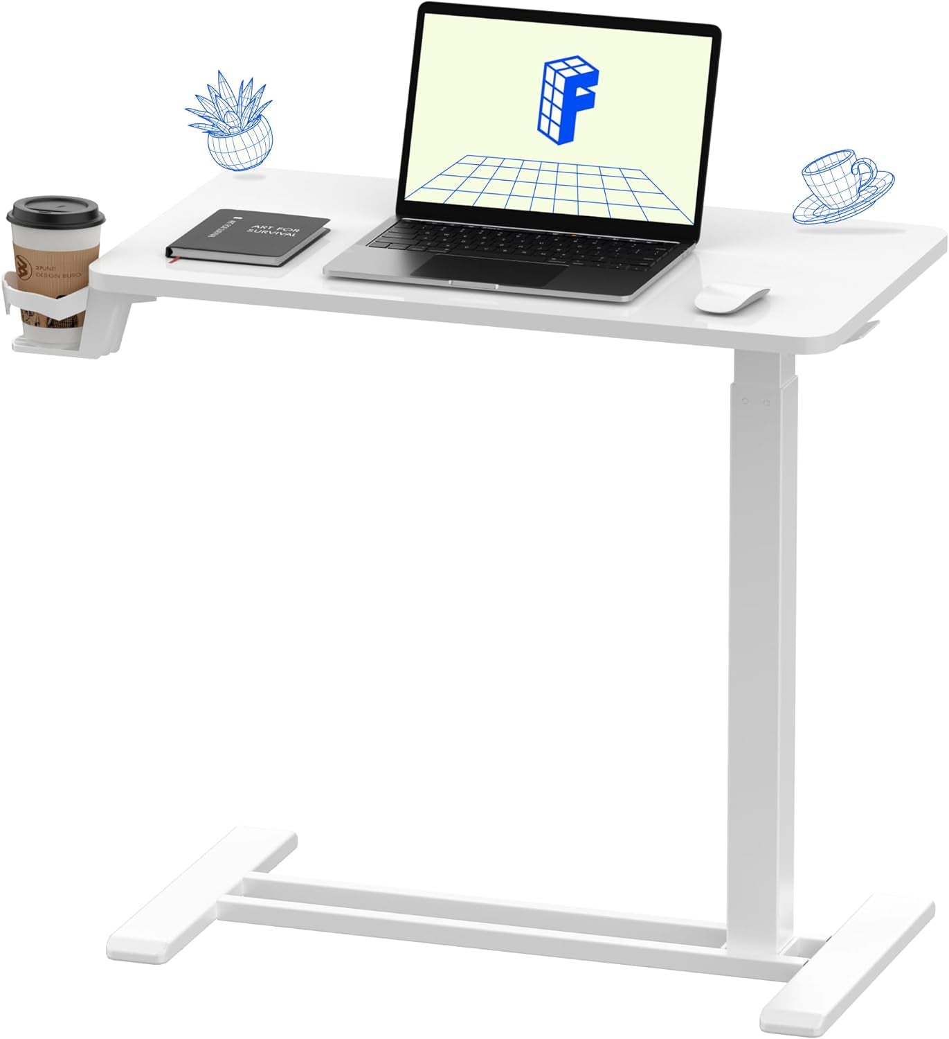 H7 Adjustable Overbed Bedside Table with Wheels Pneumatic Mobile Standing Desk Laptop Desk Rolling Computer Cart Movable Overbed Table Hospital Home Use(27.6" W X 15.7" D, White)