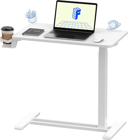 H7 Adjustable Overbed Bedside Table with Wheels Pneumatic Mobile Standing Desk Laptop Desk Rolling Computer Cart Movable Overbed Table Hospital Home Use(27.6" W X 15.7" D, White)