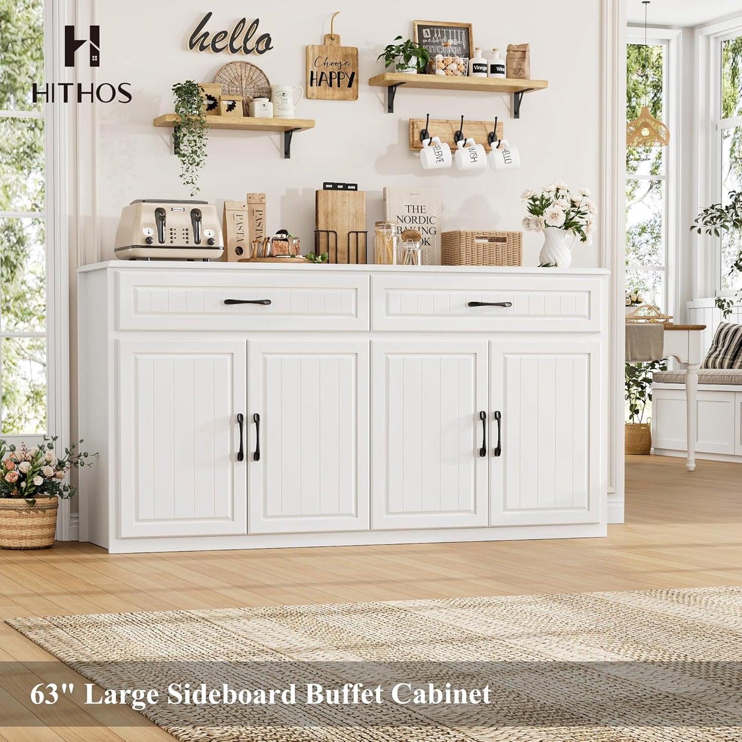 63" Large Sideboard Buffet Cabinet with Storage, Modern Coffee Bar Cabinets with Drawers, Long Kitchen Sideboard Buffets Table for Living Room, Wide Wood Kitchen Buffet Storage Cabinet, White