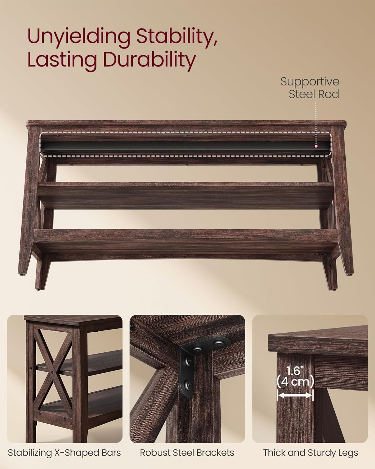 , Entryway Storage Bench, 2-Tier Shoe Rack, 11.8 X 39.4 X 18.9 Inches, Holds up to 600 Lb, Farmhouse Style, for Living Room, Bedroom, Maroon Brown ULSB153K51