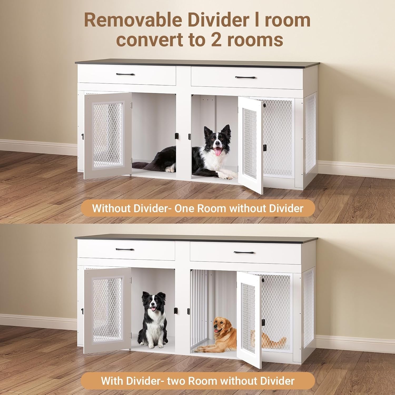 71 Inch Dog Crate Furniture for 2 Dogs，Xxl Thick Wooden Double Kennel TV Stand W/Removable Divider - Heavy Duty Indoor Cage for Large Breeds (White & Black Top, 71L* 23.6W* 33.5" H)