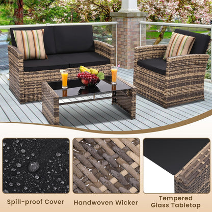 4-Piece Patio Furniture Set, Wicker Outdoor Rattan Sectional Sofa with Cushions and Glass Table, All-Weather Outdoor Conversation Set for Garden, Porch, Backyard, Patio, Black