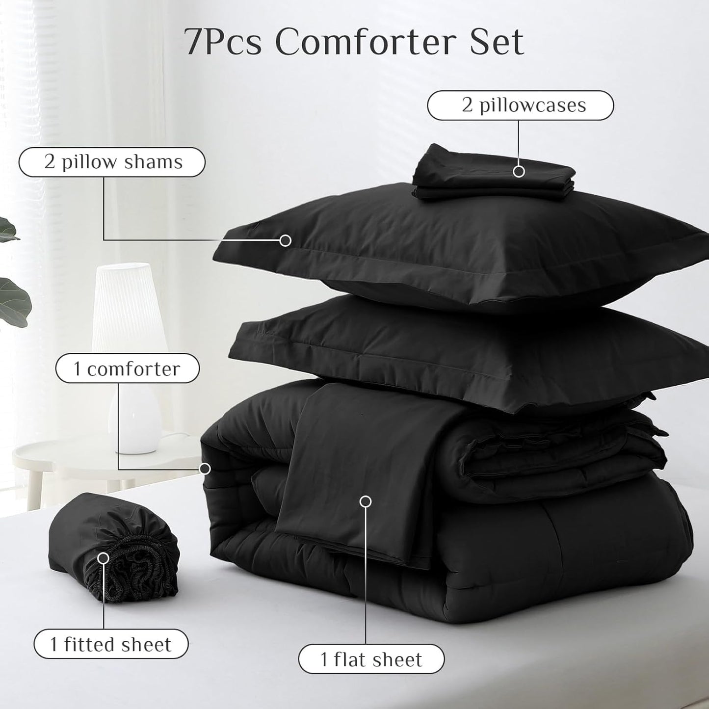 Queen Comforter Set, Ultra-Soft Bed in a Bag Queen Size 7 Pieces, Oeko-Tex Certified Bedding Set with down Alternative Comforter, Sheets, Pillowcases & Shams, Black