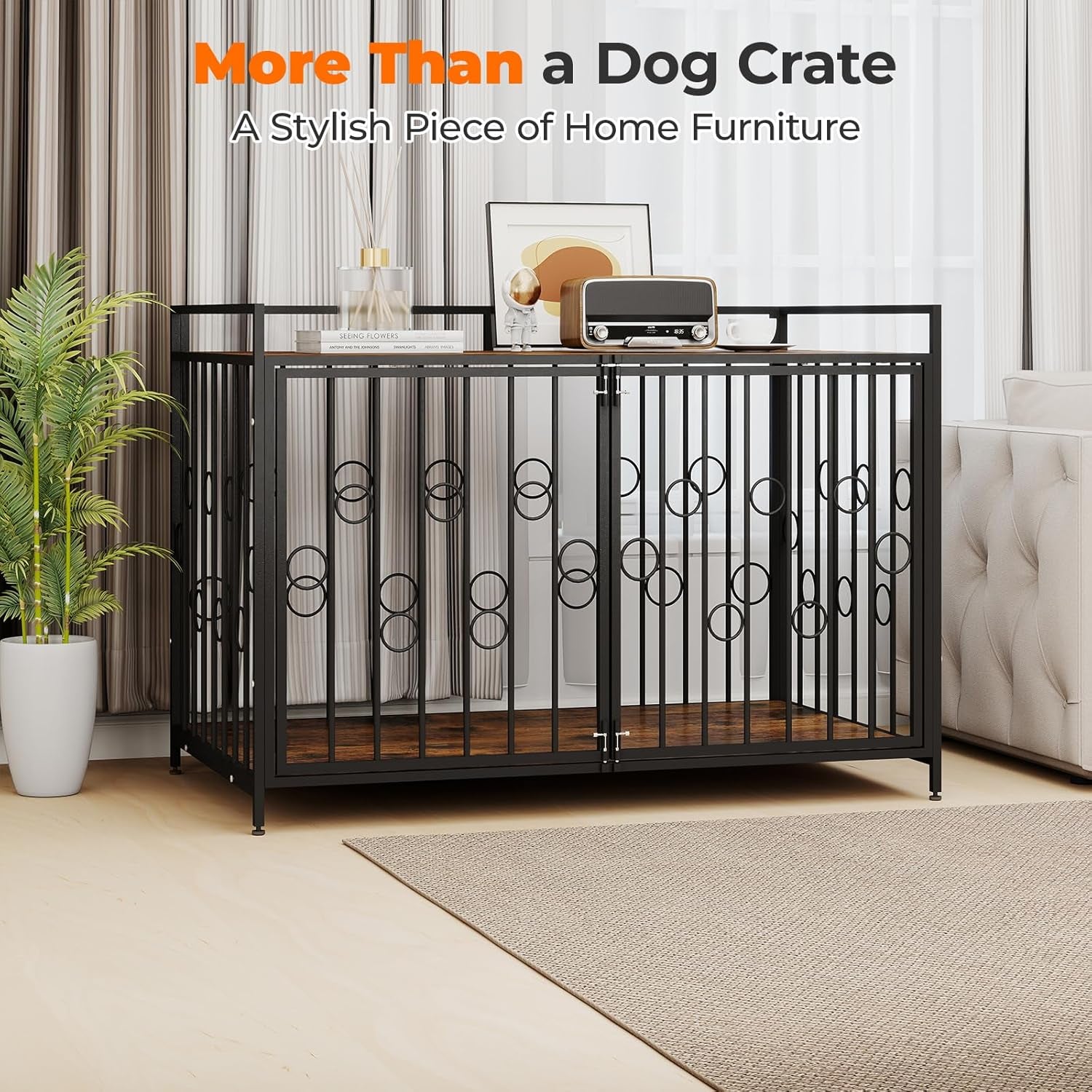 48 Inch XL Dog Crate Furniture for Extra Large Dogs, Heavy Duty Wooden Dog Kennel Table with Storage Shelf, Unique Modern round Decorative Pet Crate End Table, Sturdy Indoor Dog House