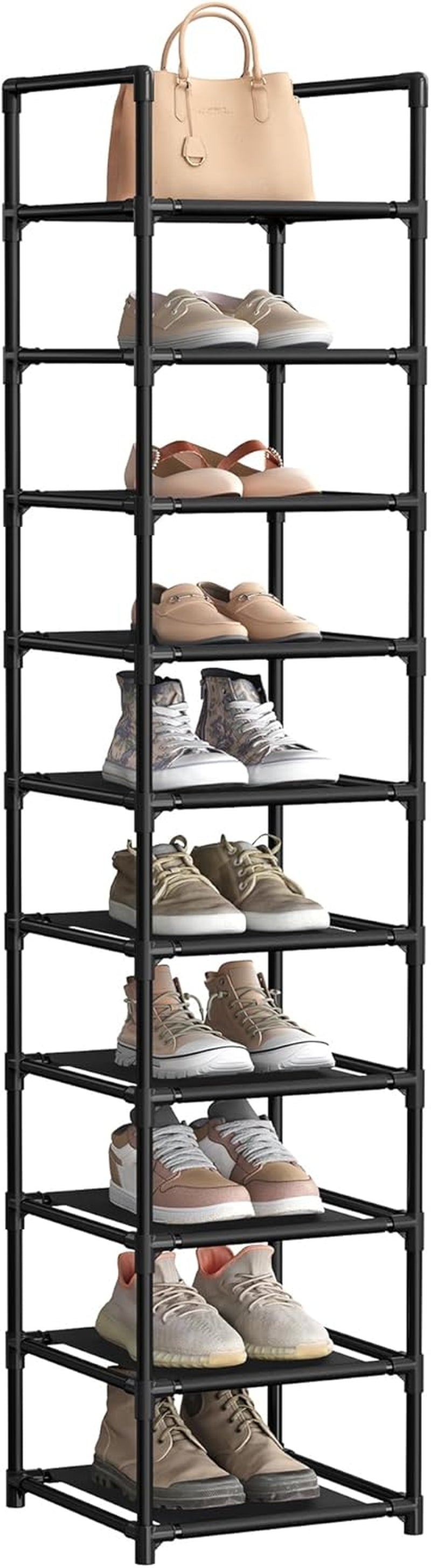 Shoe Rack, 10 Tier Shoe Shelf, Shoe Storage Organizer, Space-Saving, 11 X 17.7 X 68.1 Inches, Metal Frame, Non-Woven Fabric Shelves, for Entryway, Bedroom, Black ULSH010B02