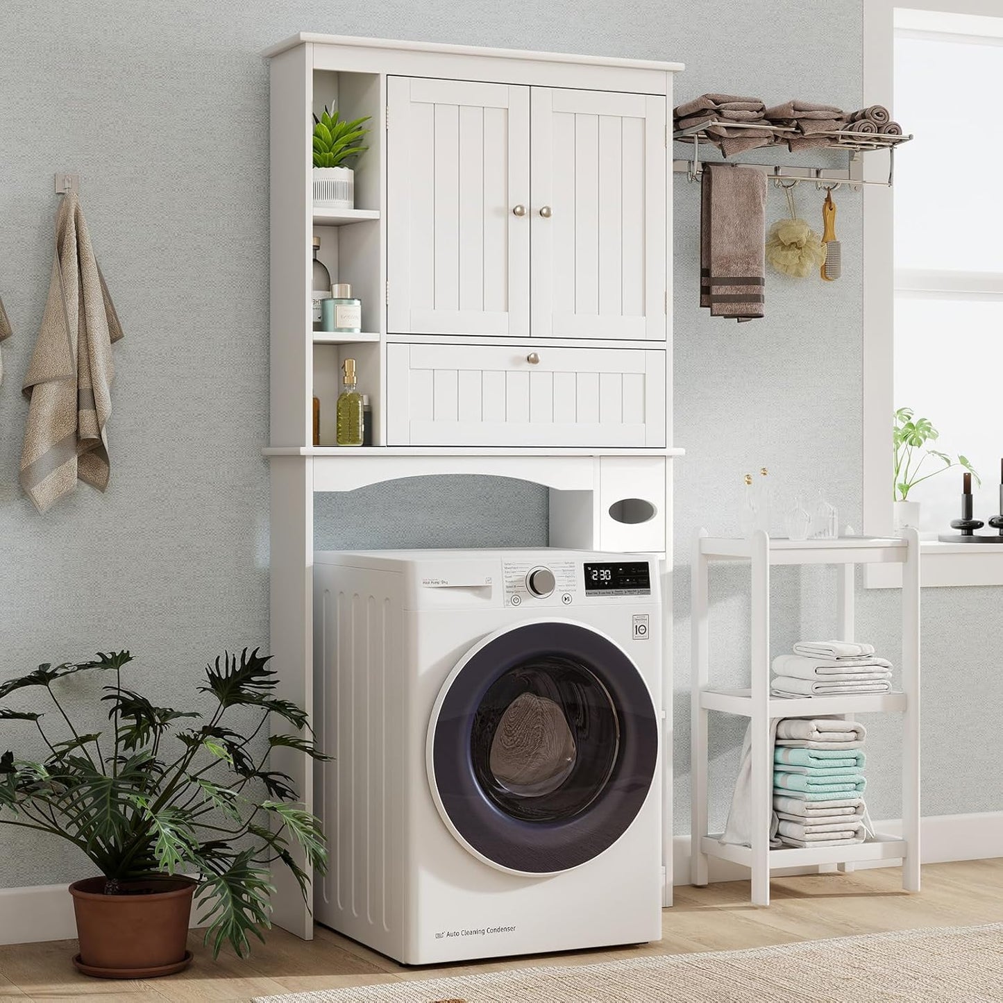 over the Toilet Storage Cabinet, Bathroom Storage Organizer with Toilet Paper Holder, Adjustable Shelf & Bottom Bar, Modern Floor Cabinet for behind Toilet, Laundry Room, White