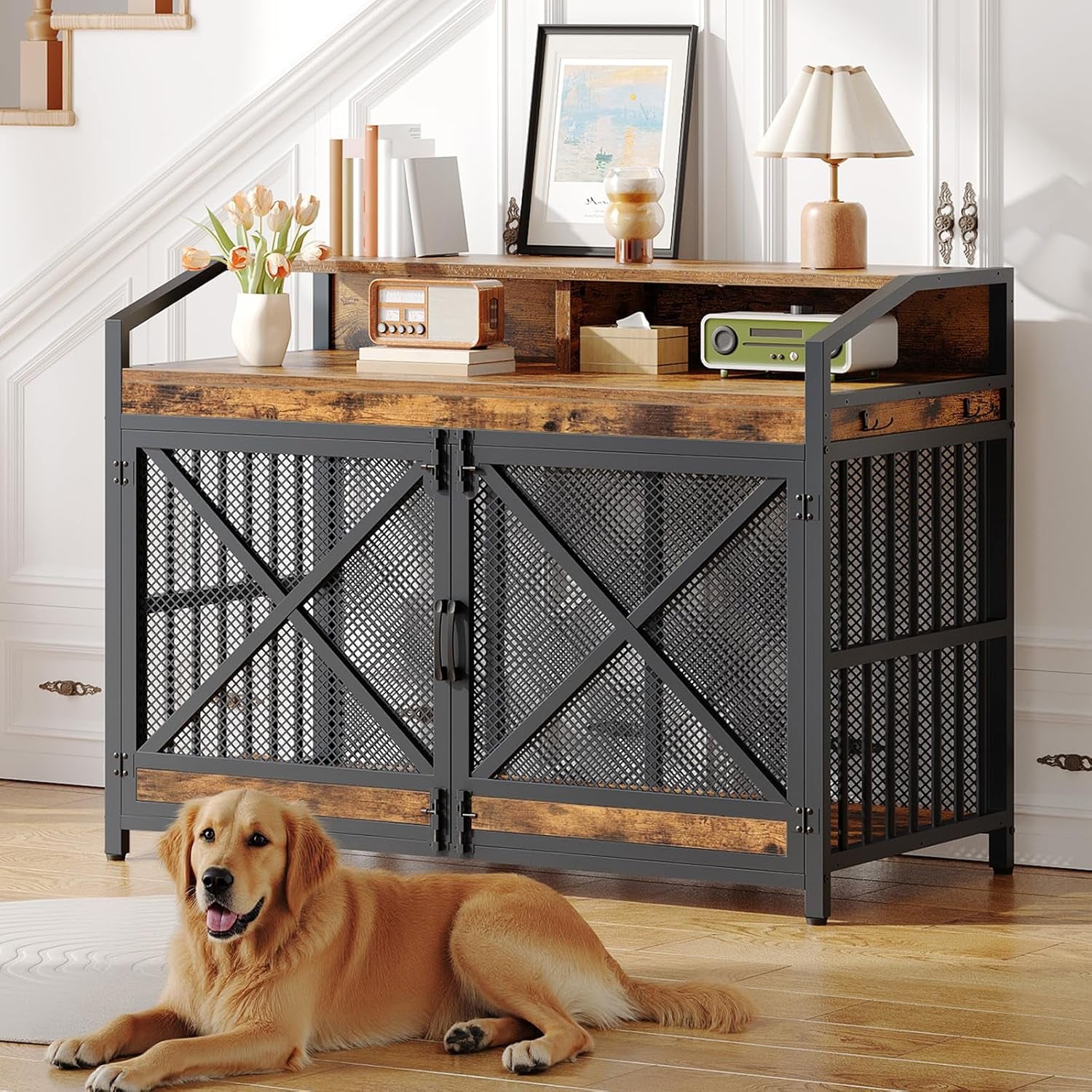 43.3" Dog Crate Furniture, Heavy Duty Dog Kennel Indoor with Storage Shelves, Wooden Dog Cage with LED Lights, for XL Large Dogs Breed, Rustic Brown and Black BF89DGW03