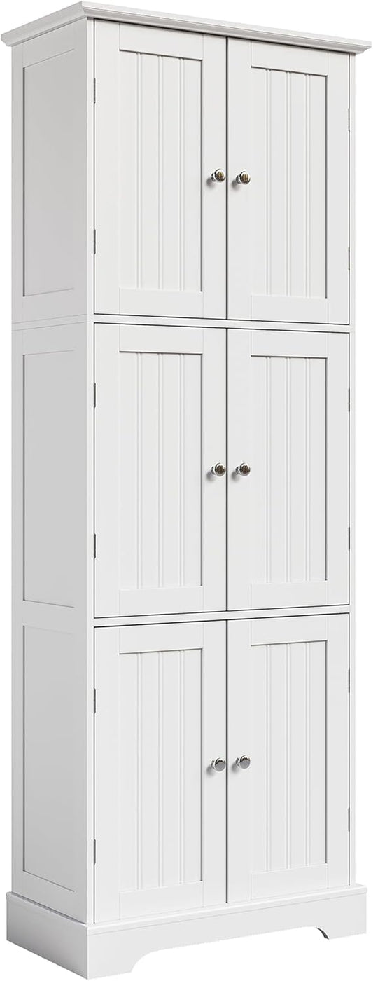 Tall Bathroom Storage Cabinet with 6 Doors, Freestanding Floor Cabinet with Adjustable Shelves, White Pantry Cabinet for Bathroom, Kitchen, Laundry Room