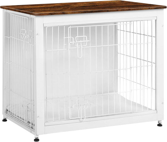 Dog Crate Furniture with Cushion, Wooden Kennel Table with Double Doors, Indoor Dog House, Medium Size, 32.5" L, White+Rustic Brown