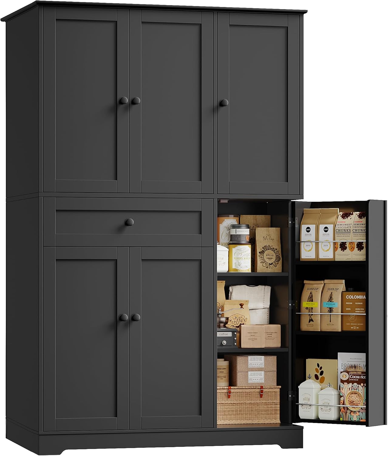 68" Tall Kitchen Pantry Storage Cabinet, Modern Kitchen Hutch Cabinet with Doors and Shelves, Freestanding Food Pantry with Large Storage Drawer for Dining Room, Living Room, Black