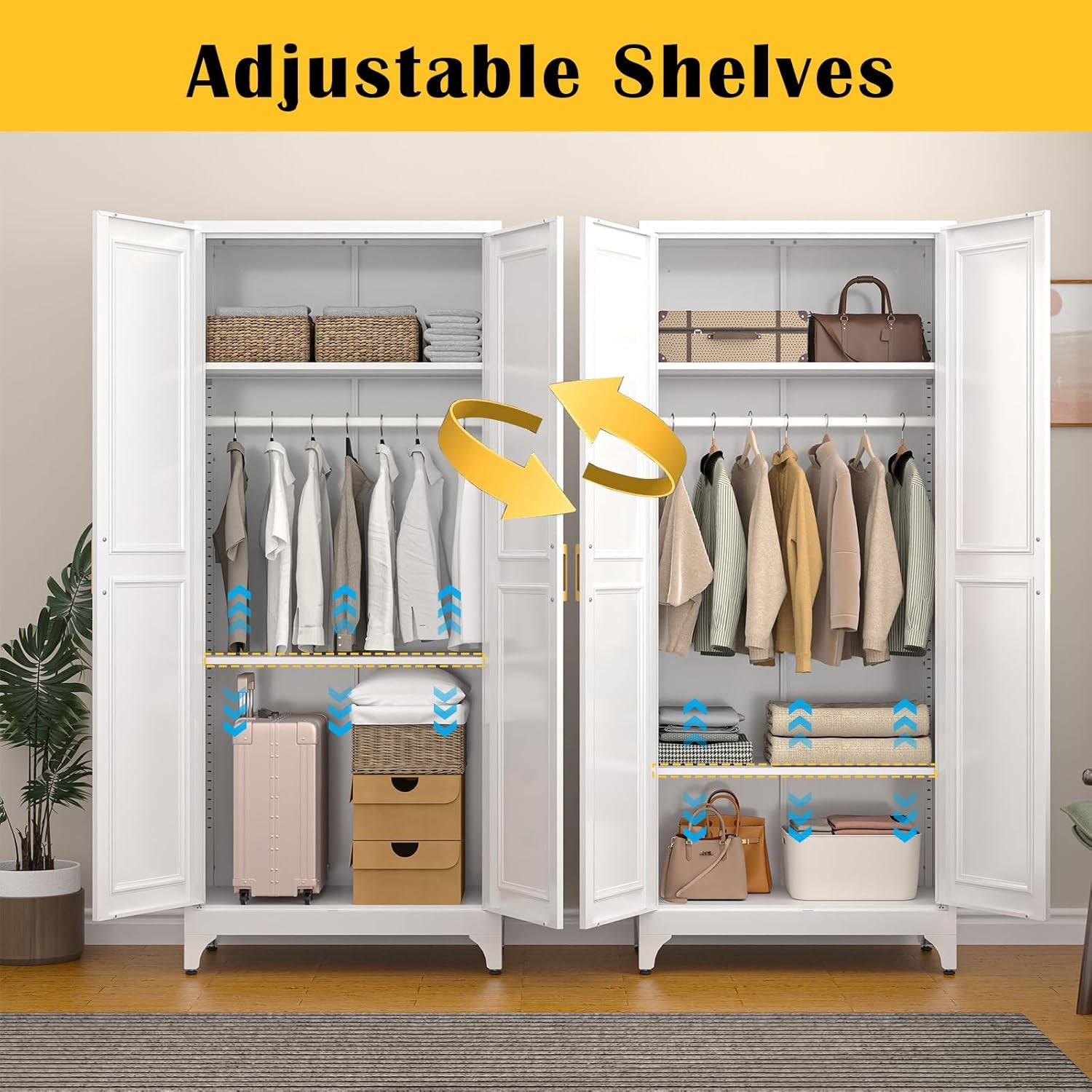 Metal Wardrobe Cabinet with Hanging Rod, 71" Tall Armoire Wardrobe Closet with 2 Doors and Adjustable Shelves, White Clothing Storage Cabinets for Bedroom, Laundry Room, Cloak Room