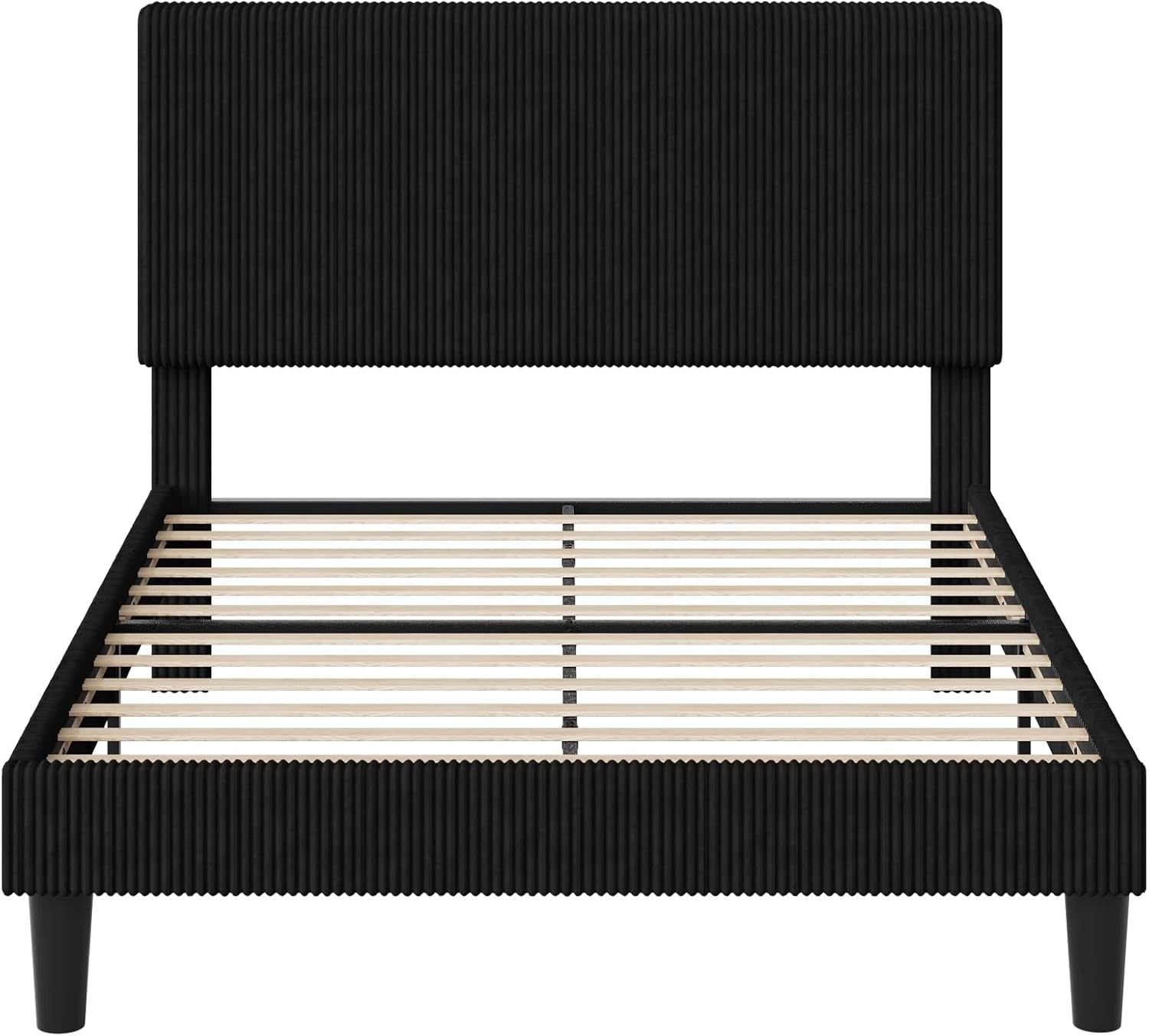 Full Size Upholstered Bed Frame with Vertical Channel Tufted Headboard, Soft Corduroy Fabric Platform Bed, Strong Wooden Slats Support, Easy Assembly, No Box Spring Needed, Black