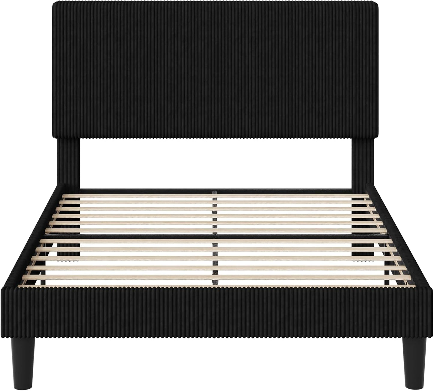 Full Size Upholstered Bed Frame with Vertical Channel Tufted Headboard, Soft Corduroy Fabric Platform Bed, Strong Wooden Slats Support, Easy Assembly, No Box Spring Needed, Dark Blue