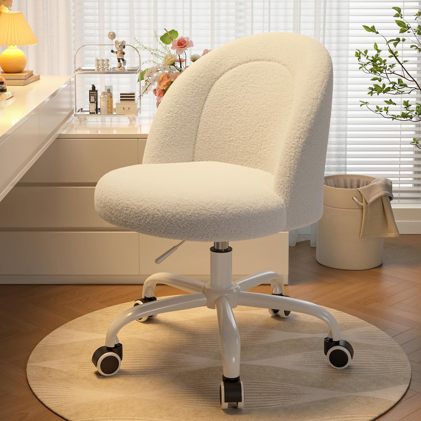 White Vanity Chair with Back, Cute Desk Chair with Wheels, Armless Office Chair Height Adjustable, Soft Lumbar Support for Small Space, Bedroom