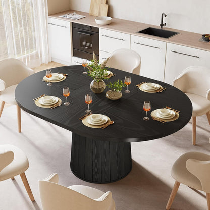 Oval Dining Table for 6 People, 55.11-Inch Farmhouse Kitchen Dinner Table with Cylindrical Pedestal (All Black)