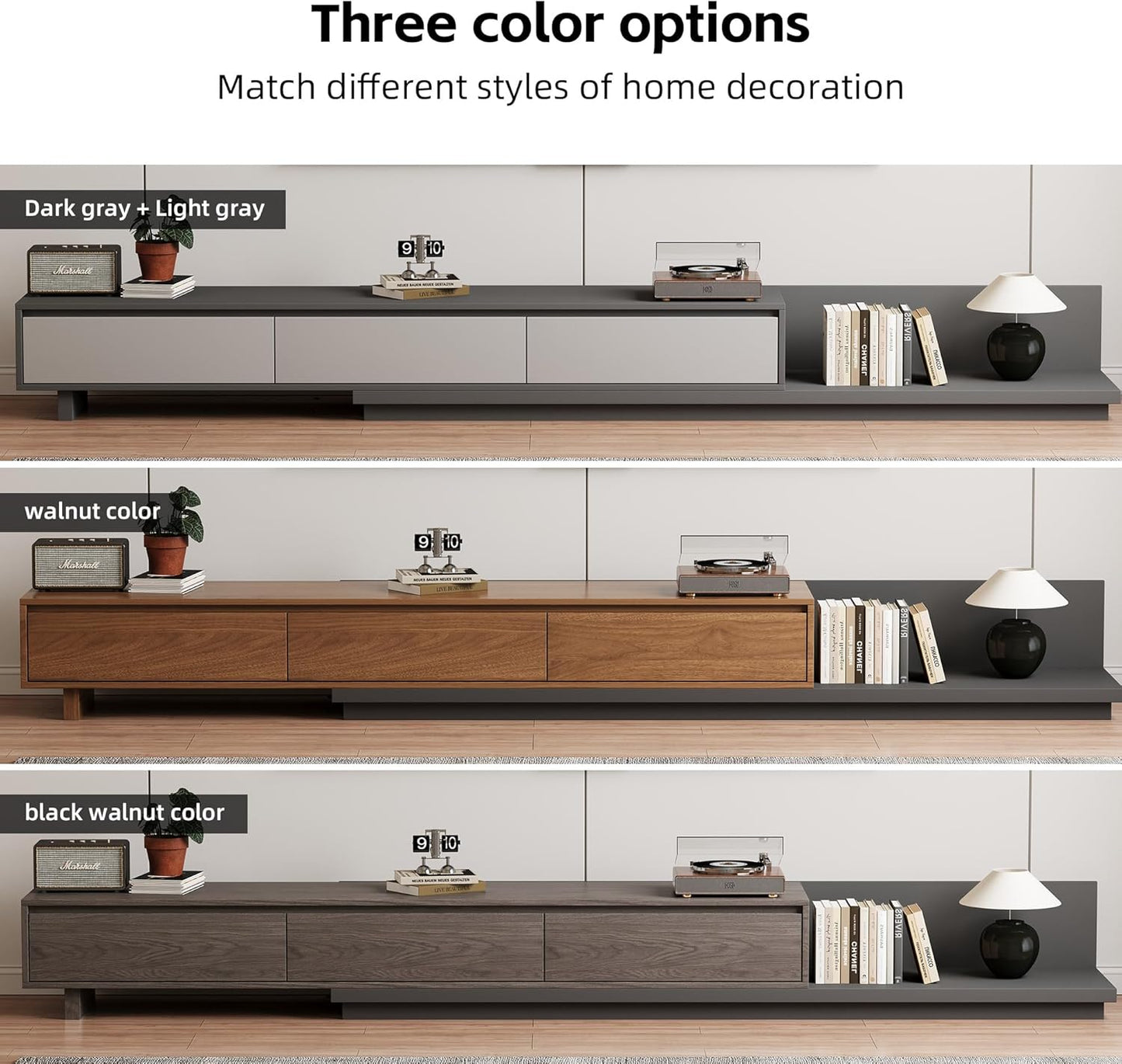 Adjustable TV Stand with 3 Drawers - Mid-Century Modern Extendable Entertainment Center for Living Room or Bedroom(78.7–130"), Stylish Walnut Media Console